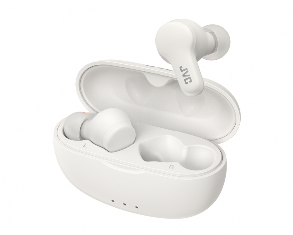 Trådlösa in-ear hörlurar i vit färg med laddningsetui.