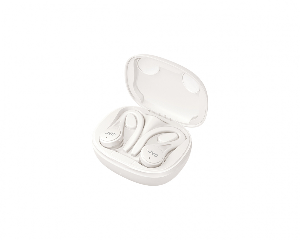 Trådlösa sporthörlurar i vitt, förvaring i matchande laddningsetui.