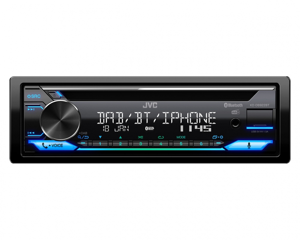 Bilstereo med Bluetooth och DAB+, svart design och digital display.