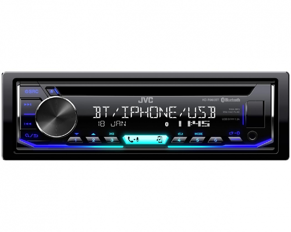 JVC KD-R992BT, bilstereo med 2x Bluetooth, AUX/USB och 3 par lågnivå