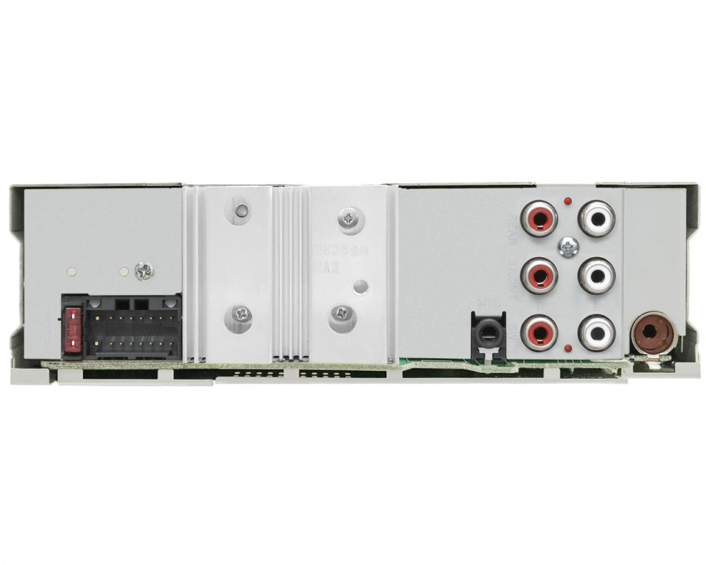 En bakvy av JVC KD-T922BT bilstereo med anslutningar för ljud och nätverk.