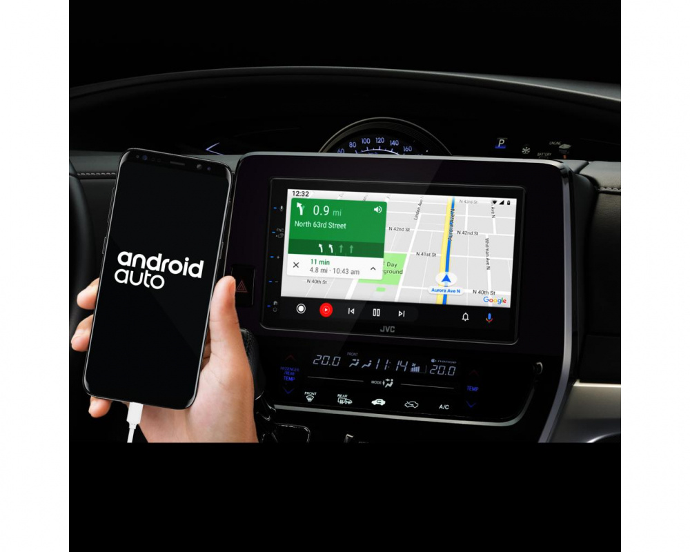 Bilstereo med Android Auto, visar kartor och navigering på skärmen.