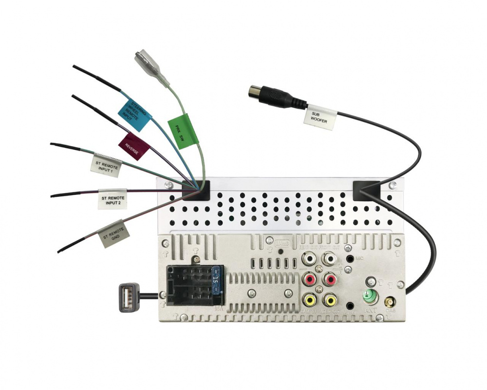 Bilstereo med anslutningar för ljud och USB, designad för CarPlay och Android Auto.