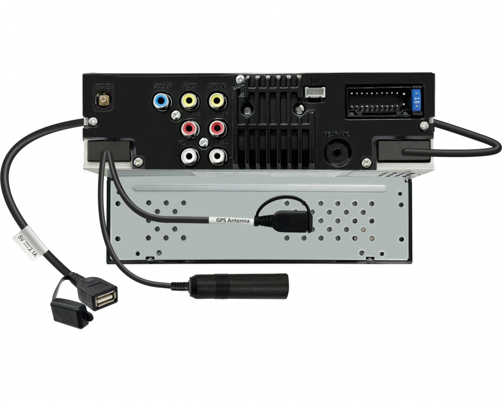 Baksidan av JVC KW-M595DBT bilstereo med anslutningar och antenn.