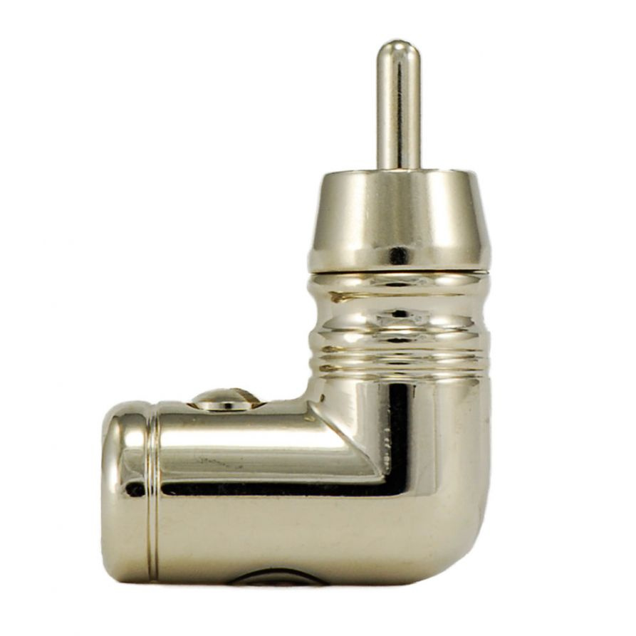 Vinklad RCA-kontakt i metall för ljudanslutningar.