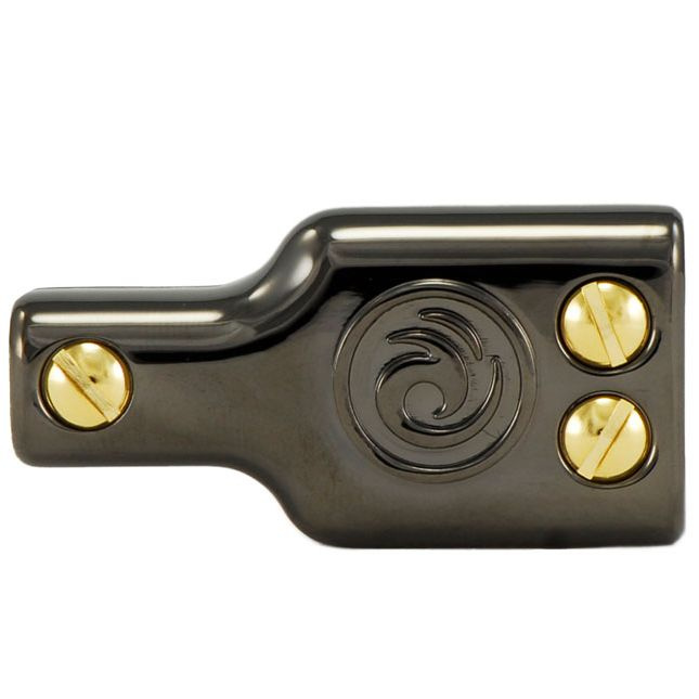 En svart, lödfri Y-adapter med guldskruvar och ett swirl-mönster.