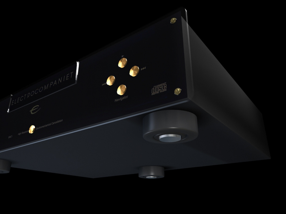 En svart ljudutrustning med knappar och metallfötter.