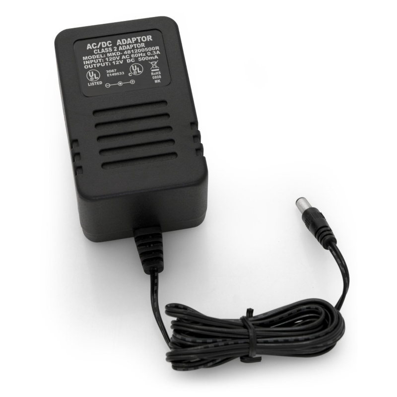 Ett svart AC/DC-nätaggregat med utgång 12V och 500mA.