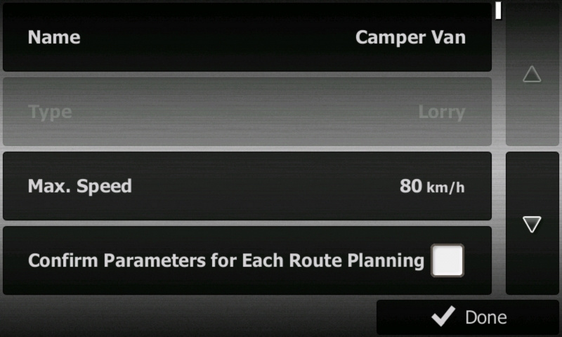 Inställningar för ett navigationssystem med fordonets namn, typ och max hastighet.