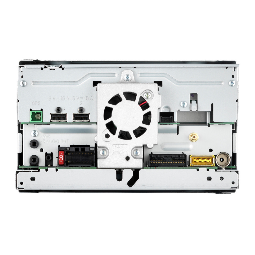 Baksidan av bilstereon med olika anslutningar och komponenter.