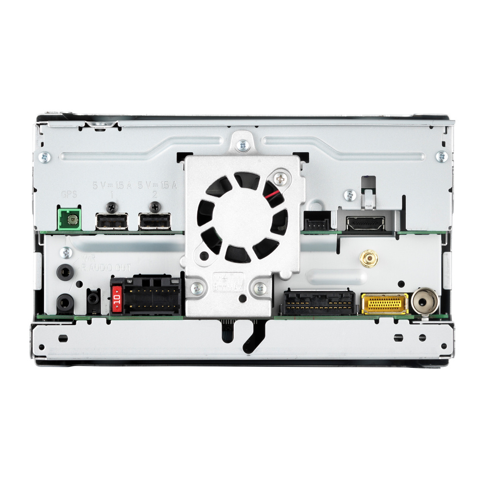 Bakpanelen av Pioneer AVIC-Z930DAB med kontakter och fläkt.
