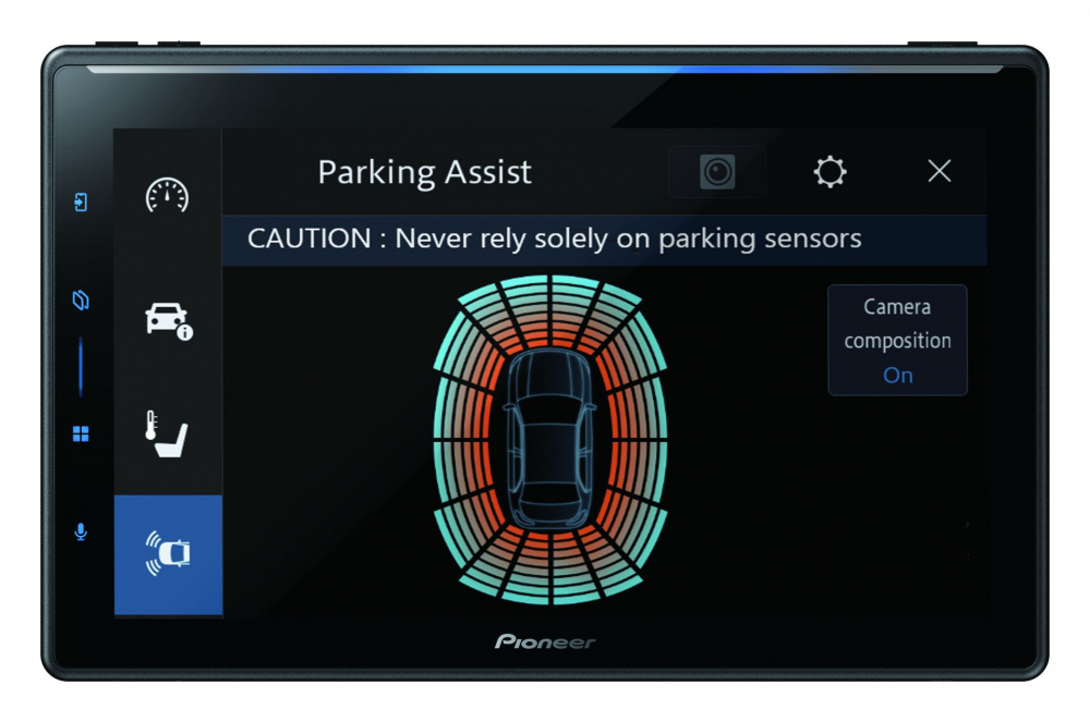 Skärm som visar parkeringsassistans med visuell hjälp och varningsmeddelande.