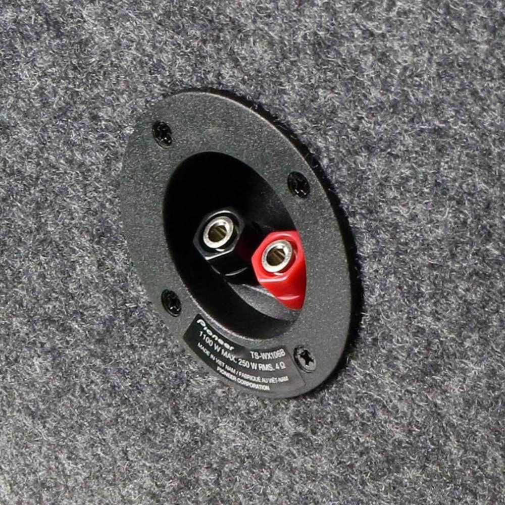 Kopplingsuttag på en ljudlåda med röd och svart terminal.