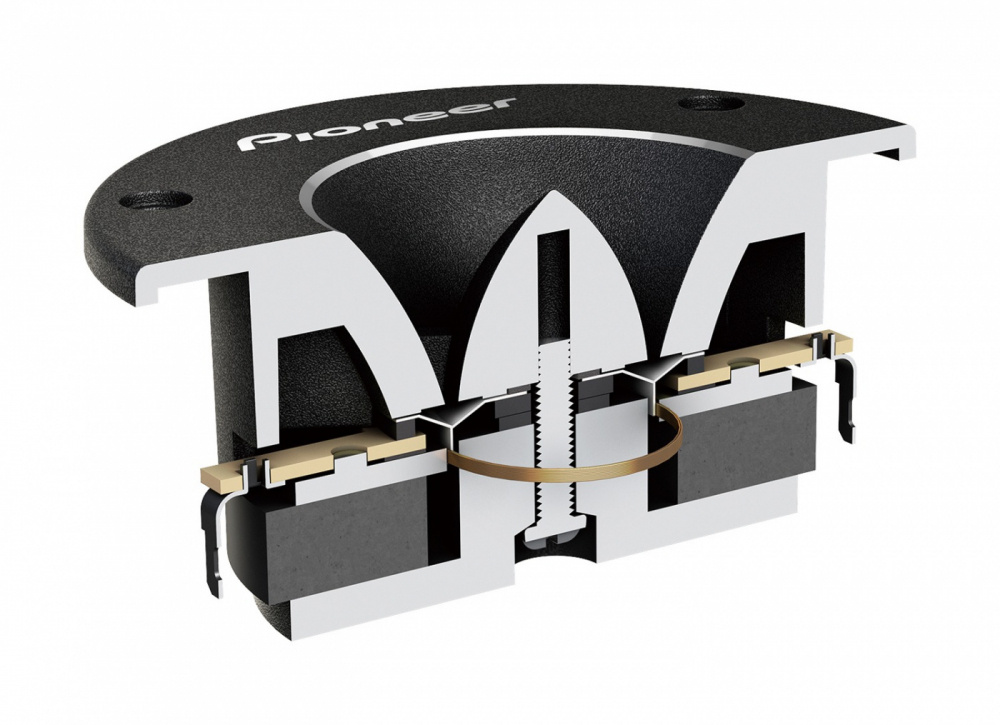 En snittbild av en horndiskant från Pioneer med komponenter synliga.