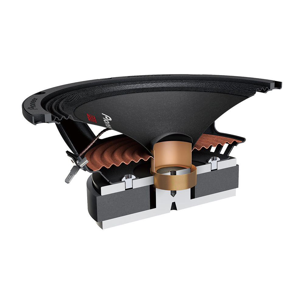 Midbasen har en svart kappa och en silverfärgad basstruktur.