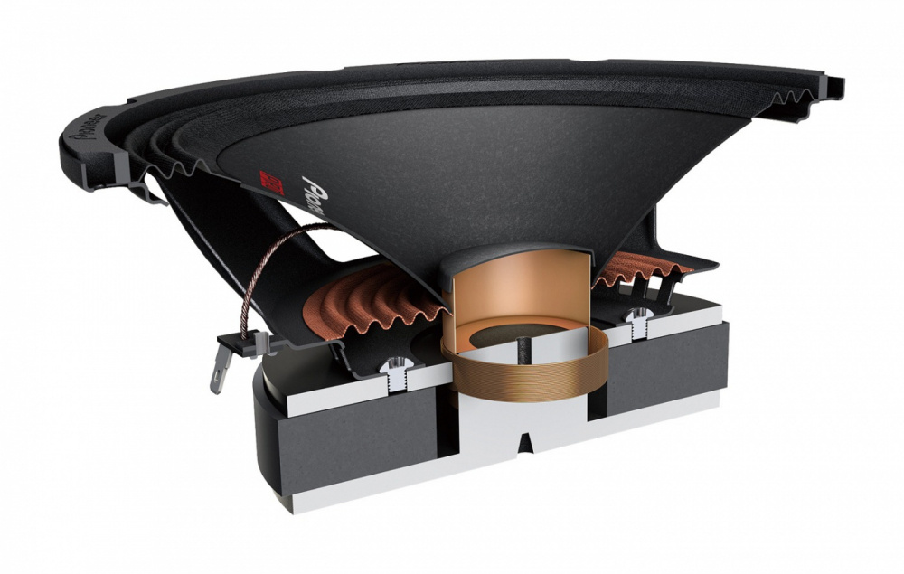 En skuren bild av en 8 tums midbas med detaljerad konstruktion.