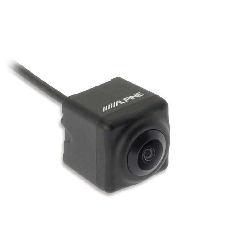 En svart backkamera med rund lins och Alpine-logotyp.