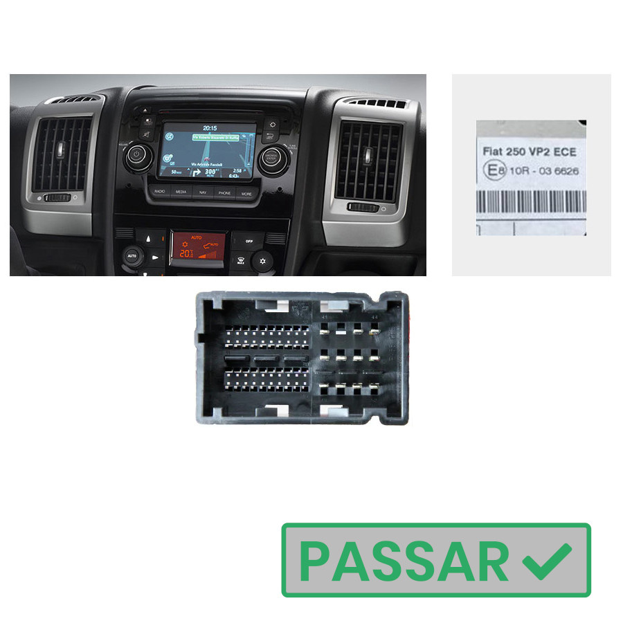 Monteringskit för Fiat Ducato med VP2-stereo och kabelanslutningar.