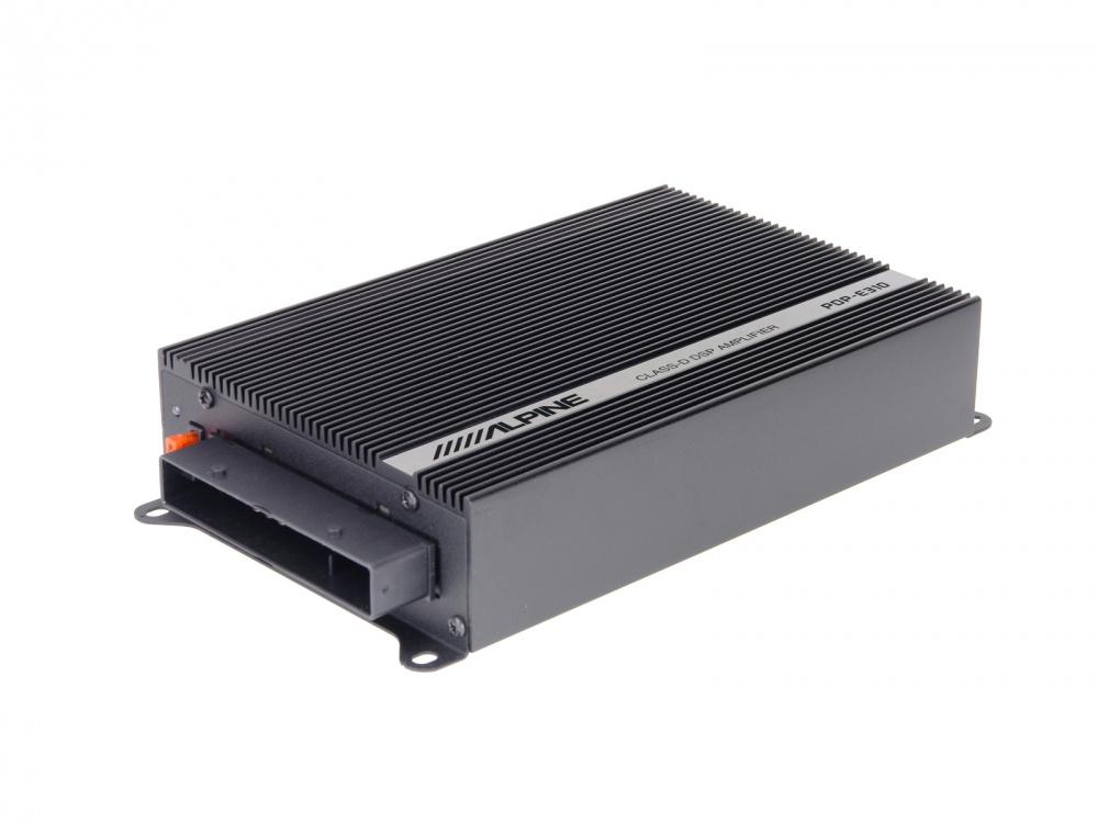 En svart ljudförstärkare med kylflänsar och anslutningar, modell Alpine PDP-E310ML.