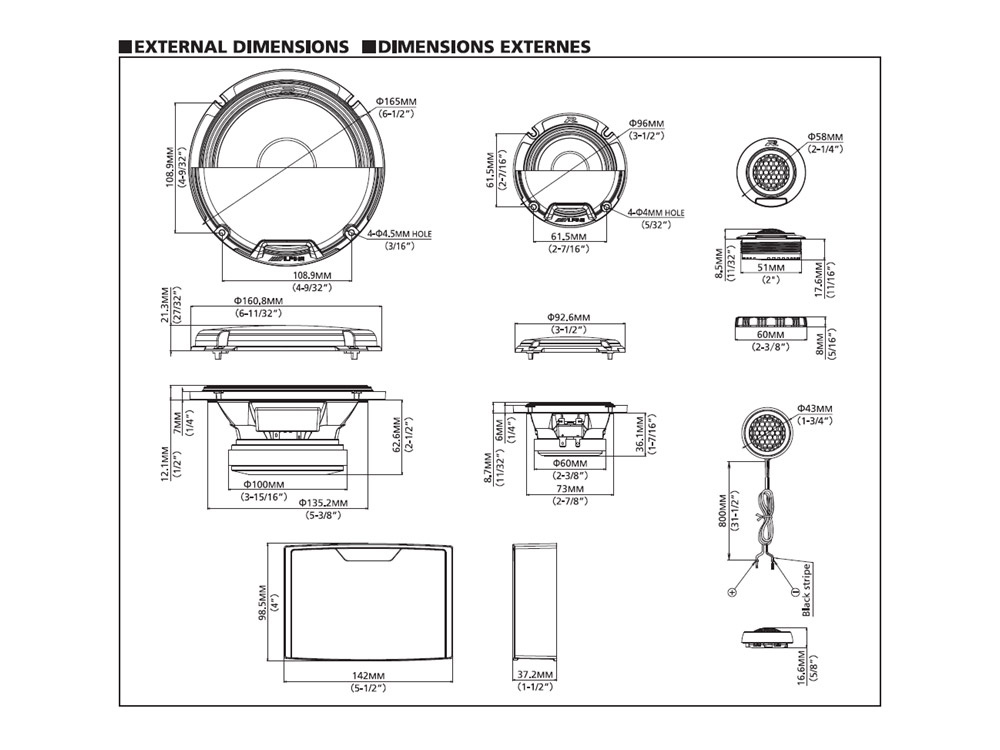 Dimensioner av Alpine R2-S653, ett 6.5-tums 3-vägs kitsystem.