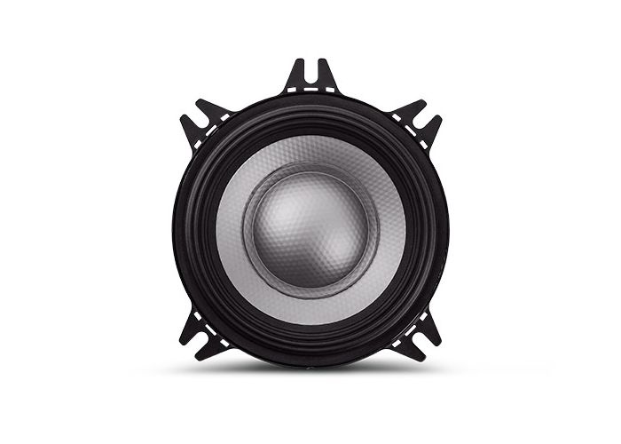 En 4-tums högtalare med en svart ram och silvrig kon.