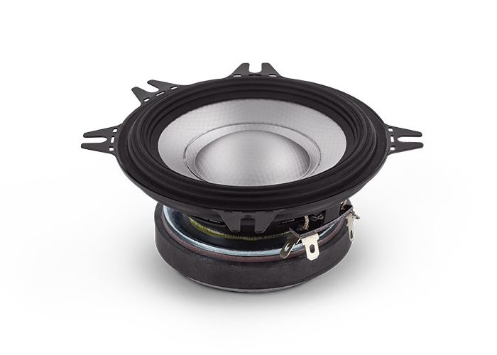 Högtalare med aluminiumkon och gummiram, del av ett kitsystem.