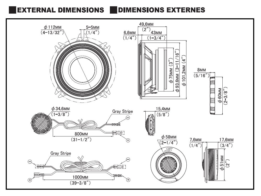 Dimensioner för Alpine S2-S40C, 4-tums kitsystem.
