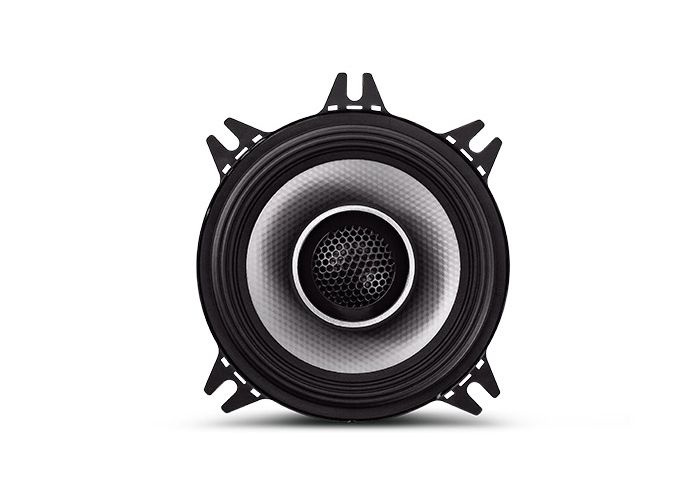 Koaxialhögtalare med svart och silver-design, 4 tum i diameter.