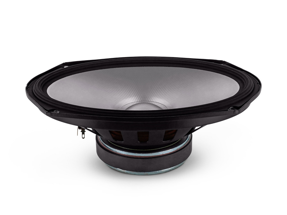 En oval högtalare med metallkonstruktion och en grå membran.