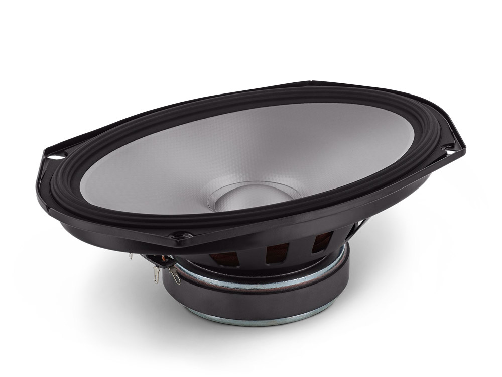 En oval högtalare med metallram och en silverfärgad membran.