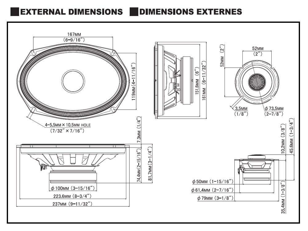 Dimensionerad skiss av Alpine S2-S69C 6x9 tums kitsystem.