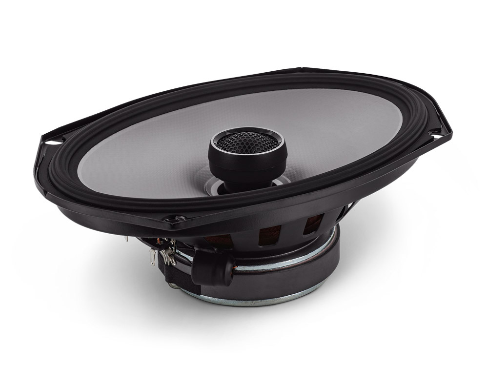 En oval koaxialhögtalare med svart ram och grå membran.