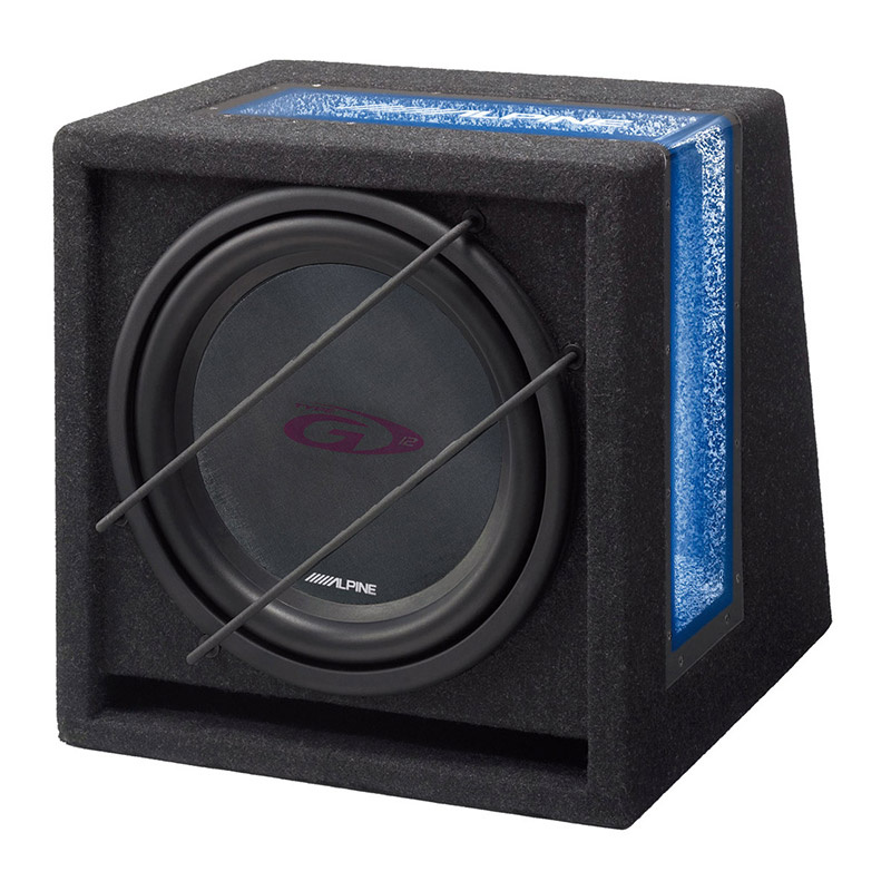 Ett svart subwooferkabinett med en 12-tums högtalare.