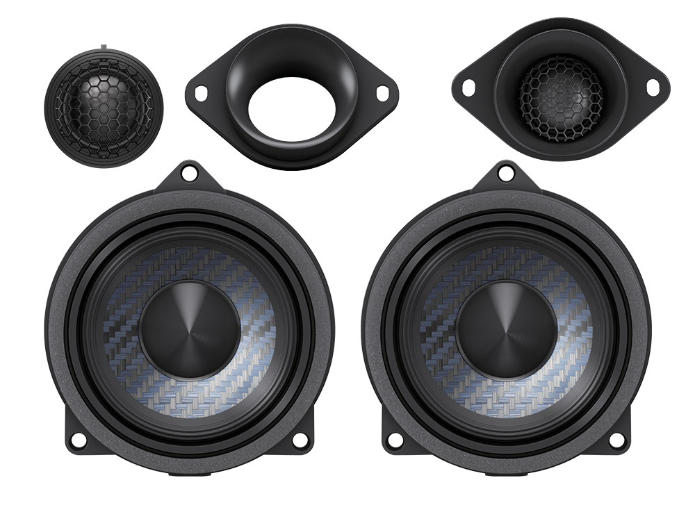 Högtalare och diskant till ljudsystem för BMW, svart och stilren design.