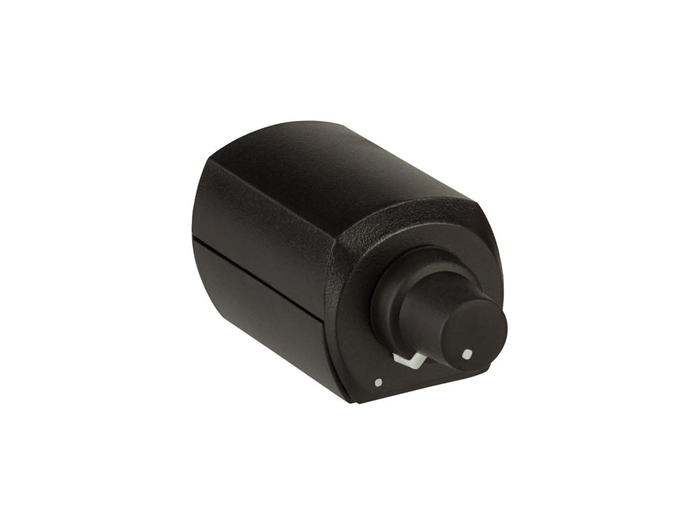 En svart förstärkare med rund kontrollknapp.