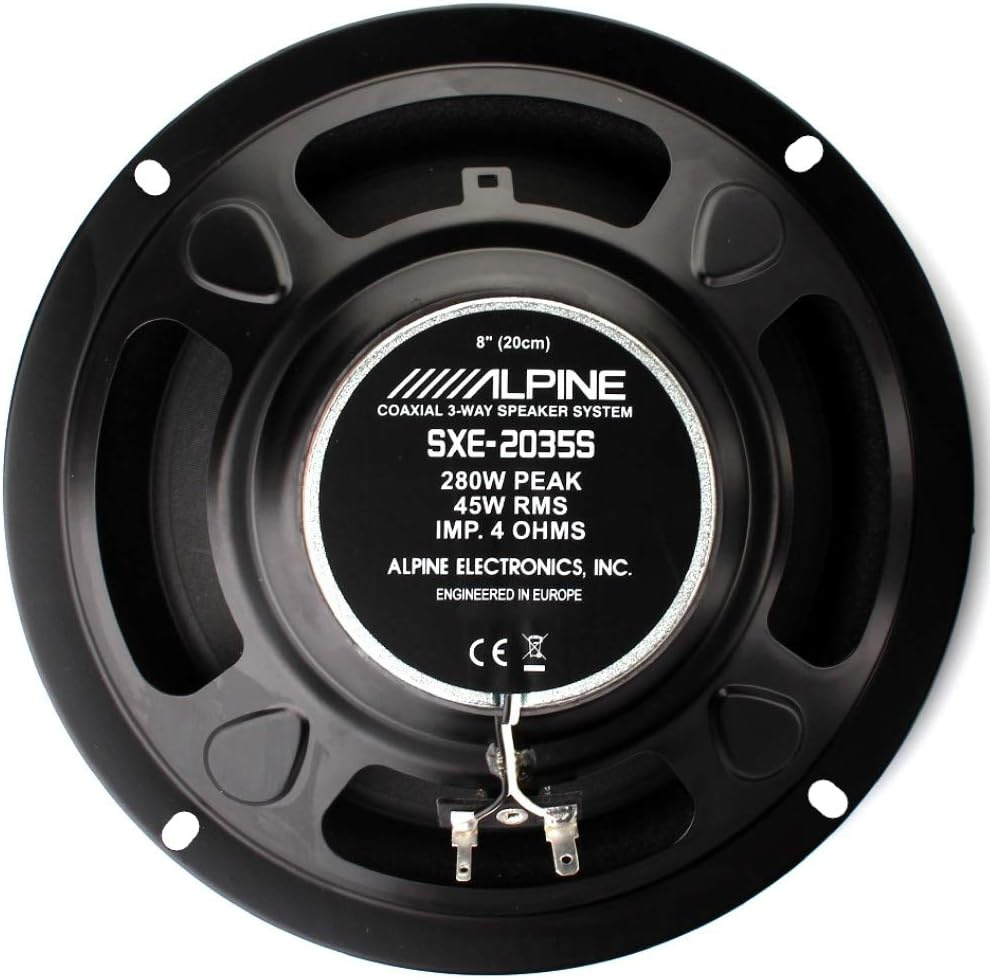 En svart koaxialhögtalare med specifikationer och logotyp.