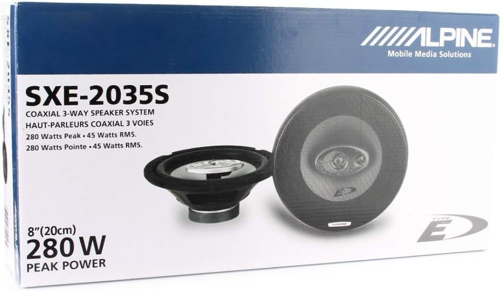 En förpackning med Alpine SXE-2035S, 8 tums koaxialhögtalare.