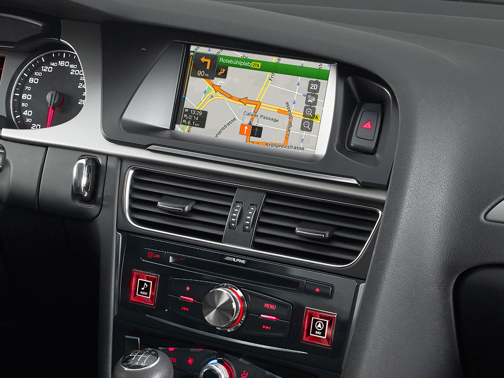 Bilstereo med navigationssystem, audiodesign och kontrollpanel för Audi A4 2007-2015.