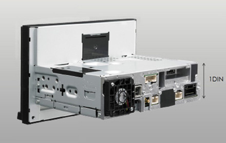 En bilstereo med 1DIN-format och flera anslutningar bakåt.