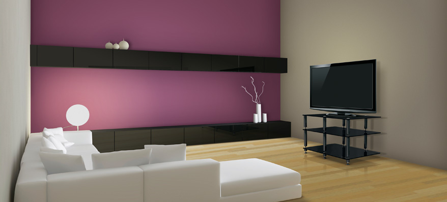 Stilren TV/media-bänk med modern soffa i ett minimalistiskt rum.