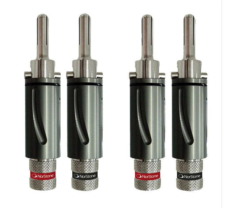 Fyra låsbara banankontakter i metall och plast från Norstone.