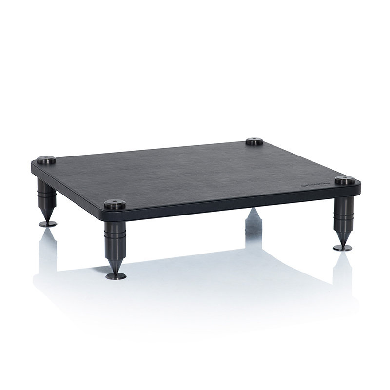 Svart modulär bänk med fyra justerbara ben och slät yta.