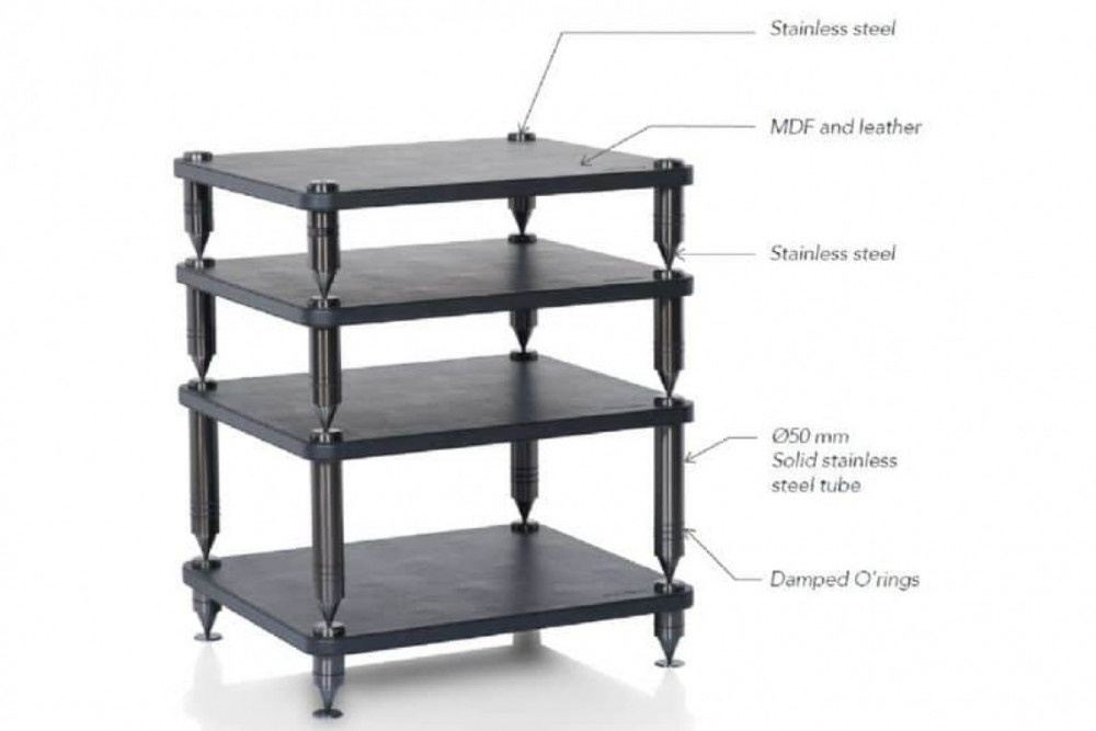 Modulär bänk med fyra hyllor i MDF och läder, stålben och dämpade O-ringar.