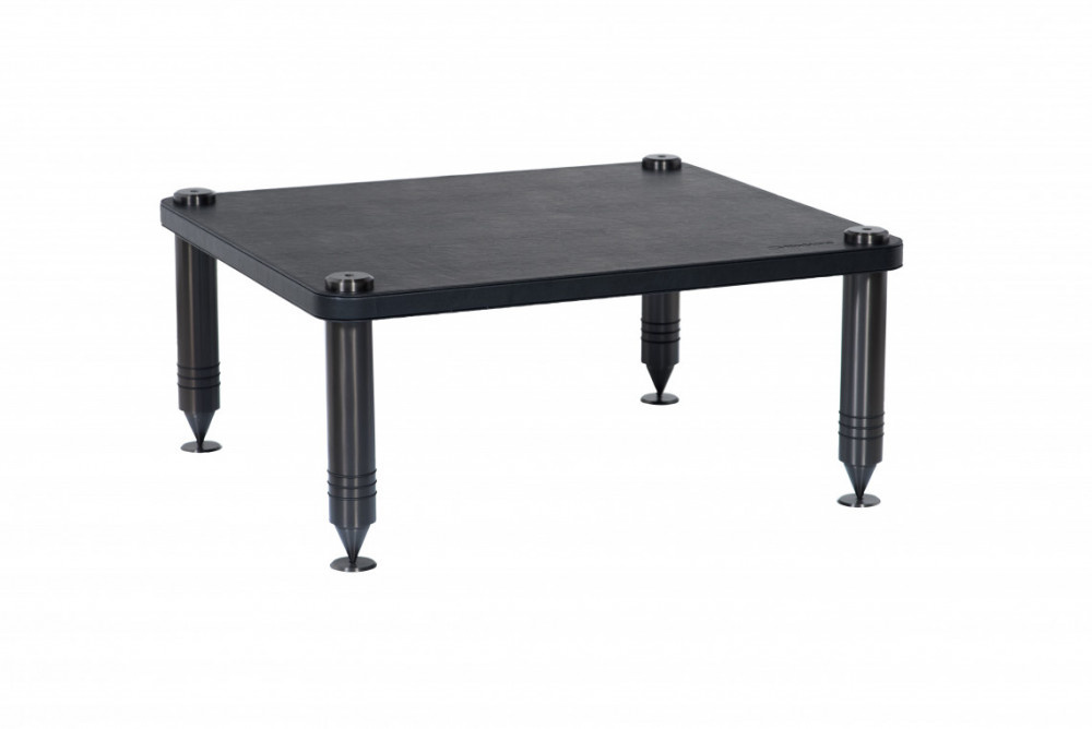 Modulär högkvalitetsbänk med svart yta och stabila metallben.