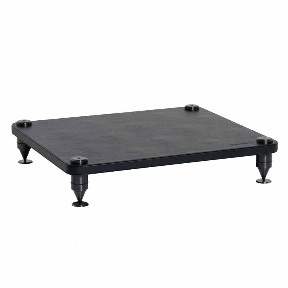 En modulär högkvalitativ bänk med svart yta och justerbara fötter.