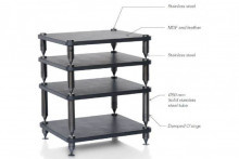 Modulär högkvalitativ bänk med flera hyllor och detaljer i rostfritt stål.