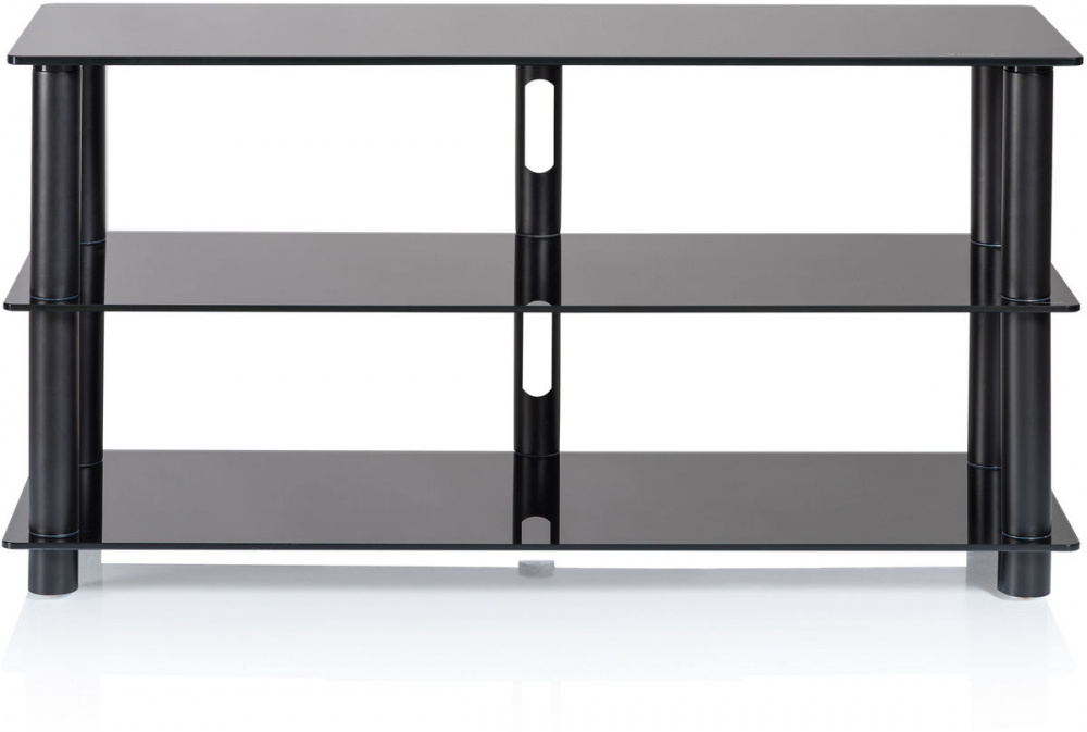 Stilren mediabänk med svarta hyllplan och metallben.
