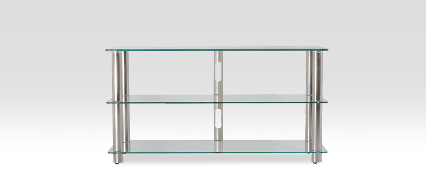 TV-möbel med klara glashyllor och metallstativ, modern och stilren design.