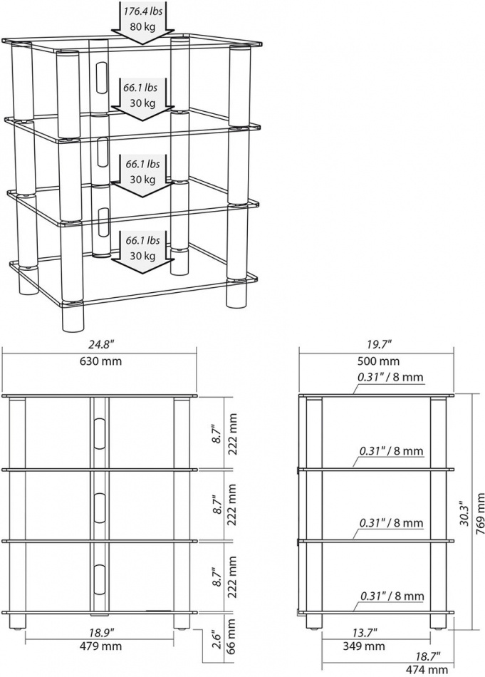 Svart hifi-rack med svarta glashyllor och fyra nivåer.