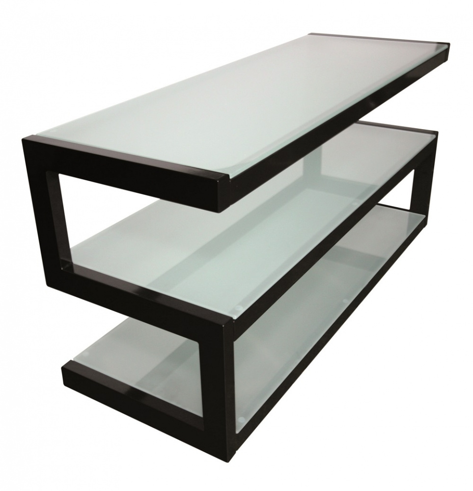 Mediabänk med pianosvart ram och frostat glas, tre hyllor.